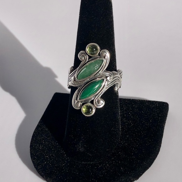 [vintage] Ornate .925 Sterling Silver Peridot, Prehnite & Malachite Ring Size 8 - Picture 3 of 16